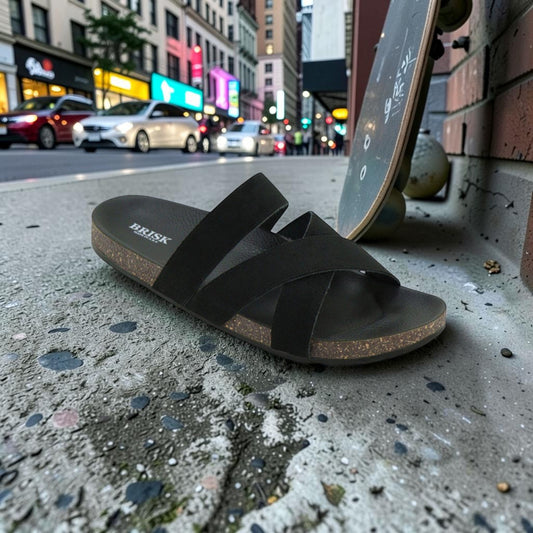 Black Cross-Strap Slide Sandals