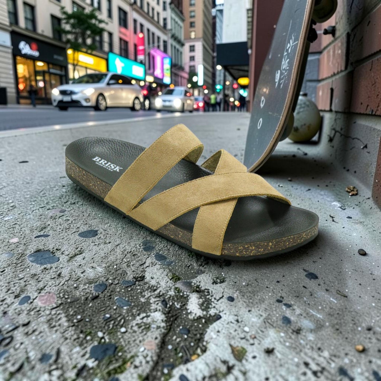 Olive Cross-Strap Cork Slide Sandals