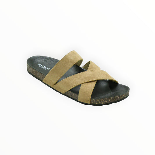Olive Cross-Strap Cork Slide Sandals