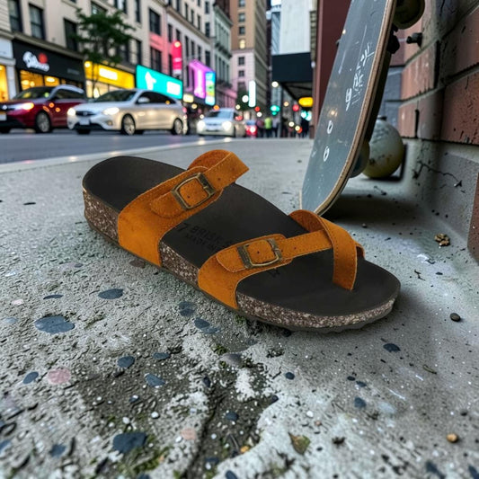 Men’s Cross Strap Double Buckle Comfort Sandals – Tan